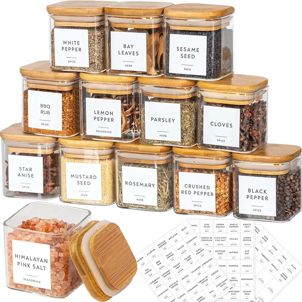 Food Storage Glass Set - 5oz Square Spice Jars with Bamboo
